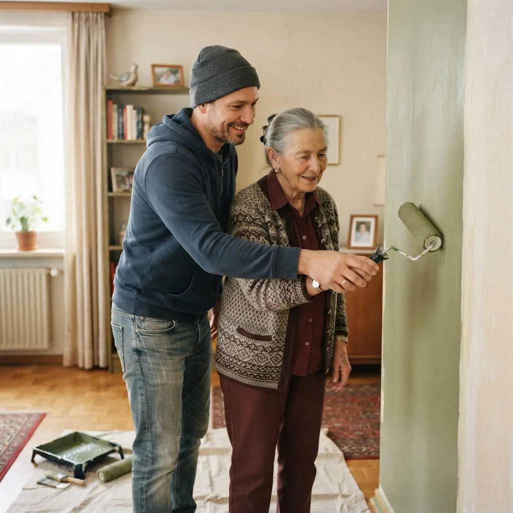 Le Bricotier aidant à repeindre un mur dans une maison en Valais